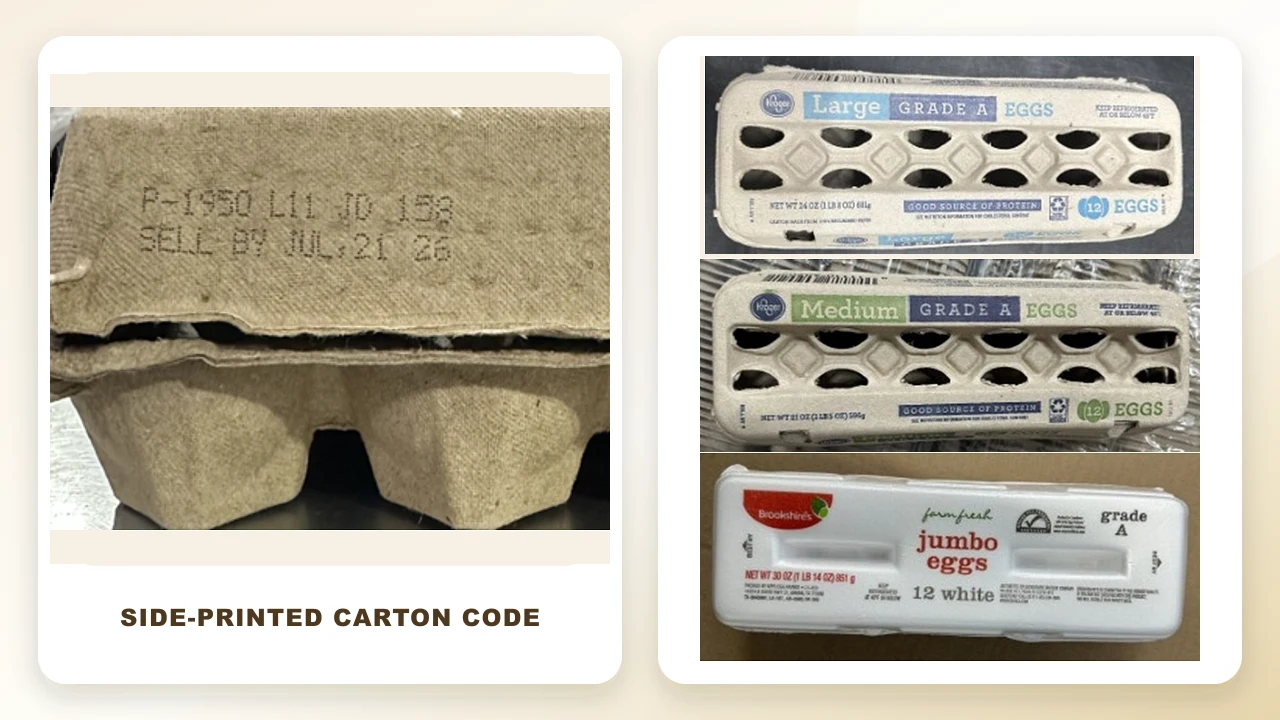 Official FDA recall photographs showing the side-printed egg-carton code and Kroger, Simple Truth and Brookshire's cartons