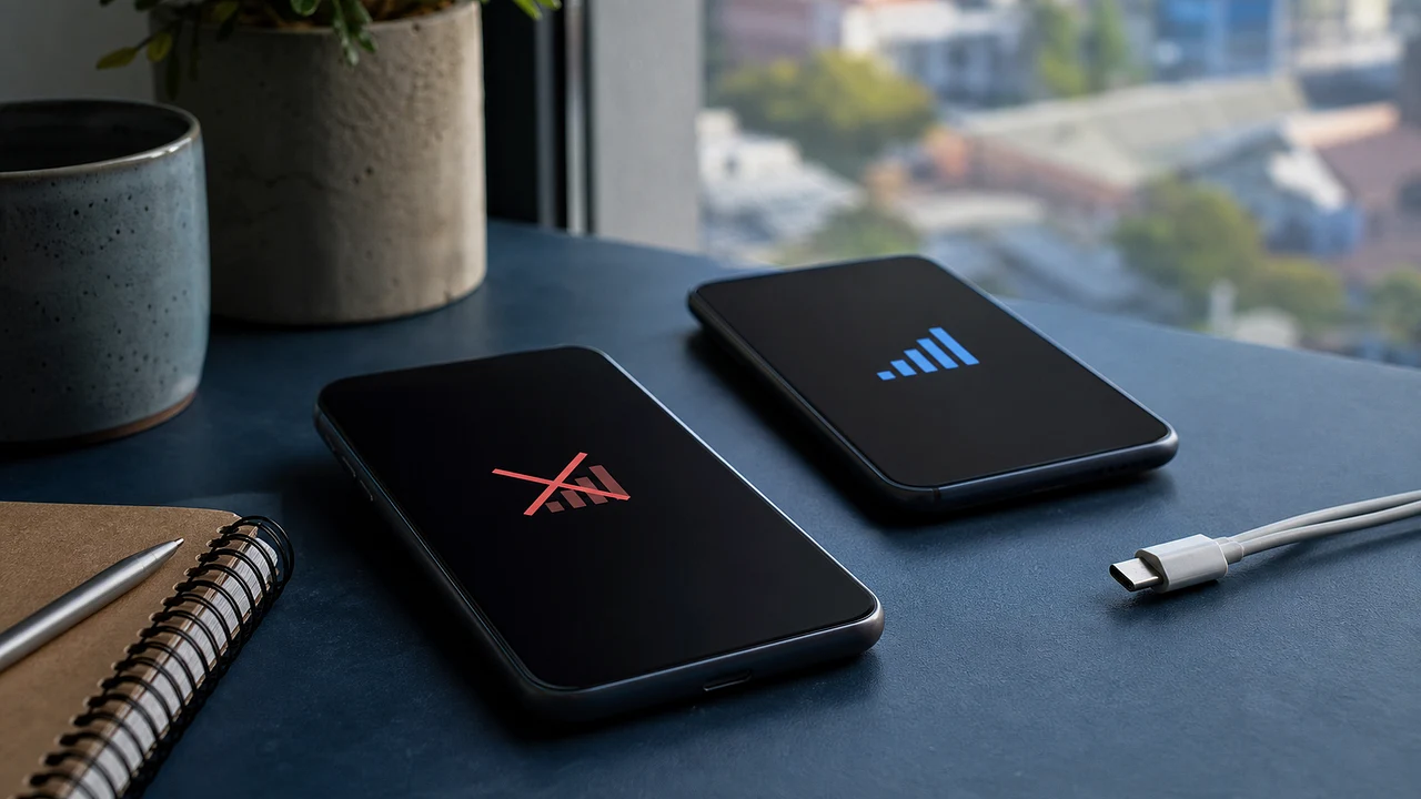 Two unbranded phones on a desk, one showing no mobile signal and the other showing normal reception