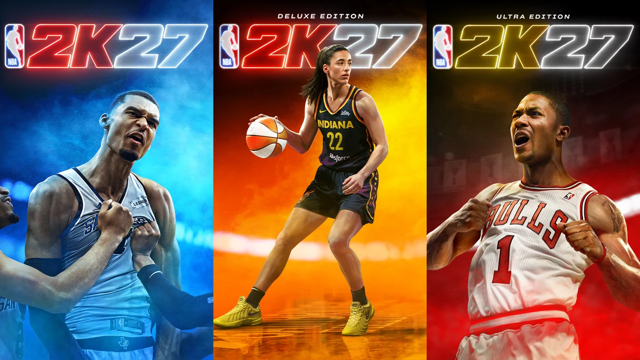Official NBA 2K27 key art showing Victor Wembanyama, Caitlin Clark and Derrick Rose with their Standard, Deluxe and Ultra edition treatments