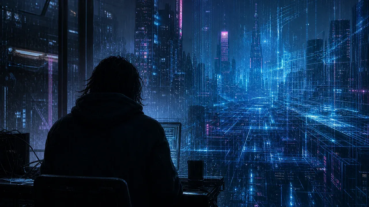 Original editorial illustration of an anonymous hacker facing a rain-lit fictional city where physical buildings dissolve into a luminous data grid