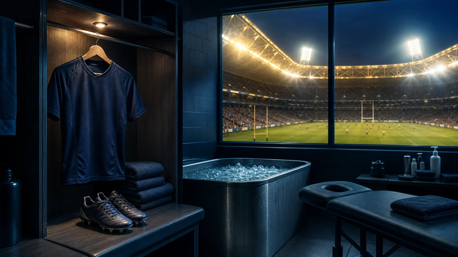 Editorial illustration of an empty rugby league jersey and recovery room overlooking a match in progress