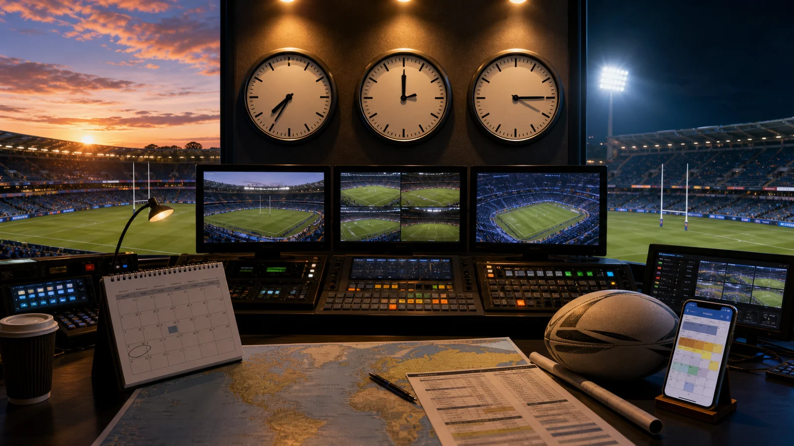 Editorial illustration of three clocks above a stadium broadcast desk with a fixture, map and rugby league ball