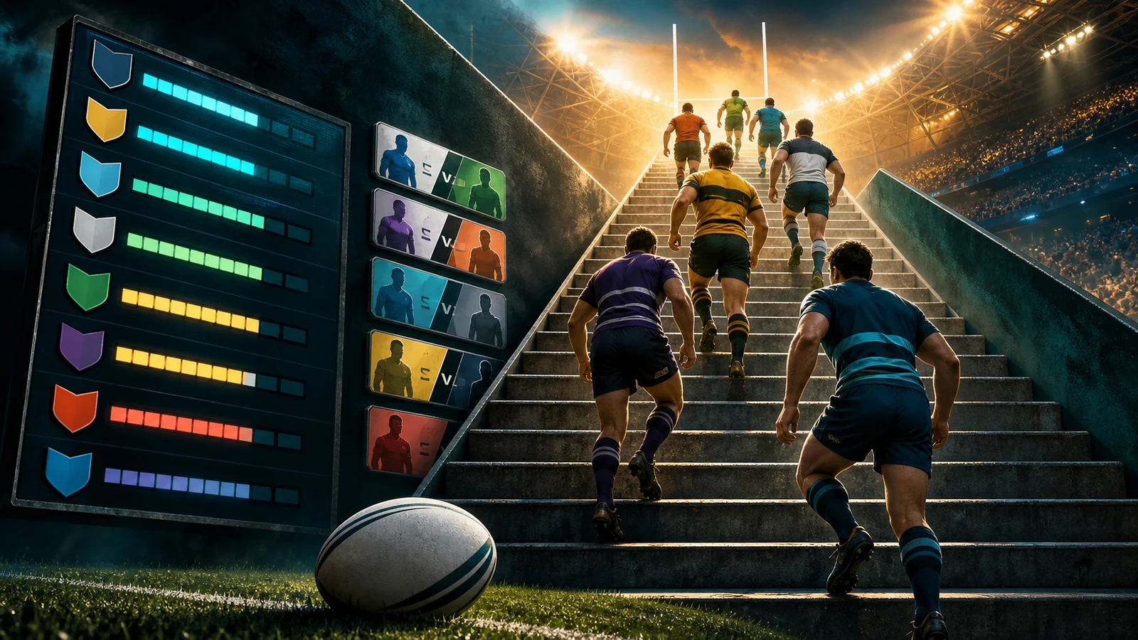 Editorial illustration of rugby league players climbing a stadium staircase beside a physical competition ladder