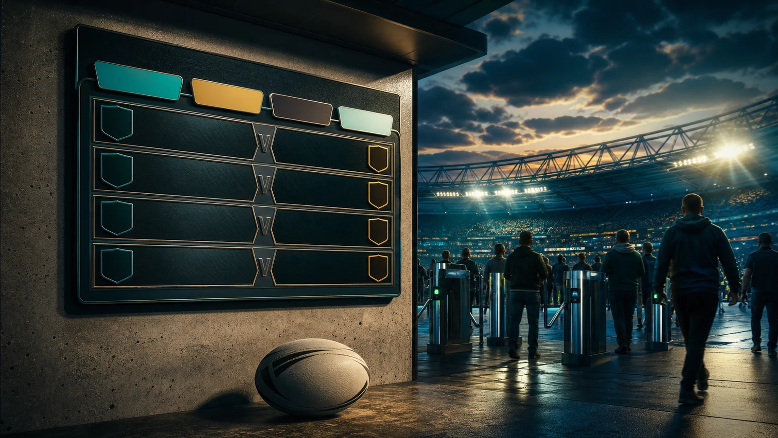 Editorial illustration of supporters entering a floodlit rugby league stadium beside a blank round fixture board