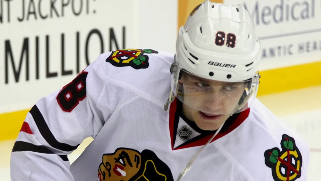 Patrick Kane wearing the Chicago Blackhawks number 88 jersey during pre-game warm-ups in December 2014