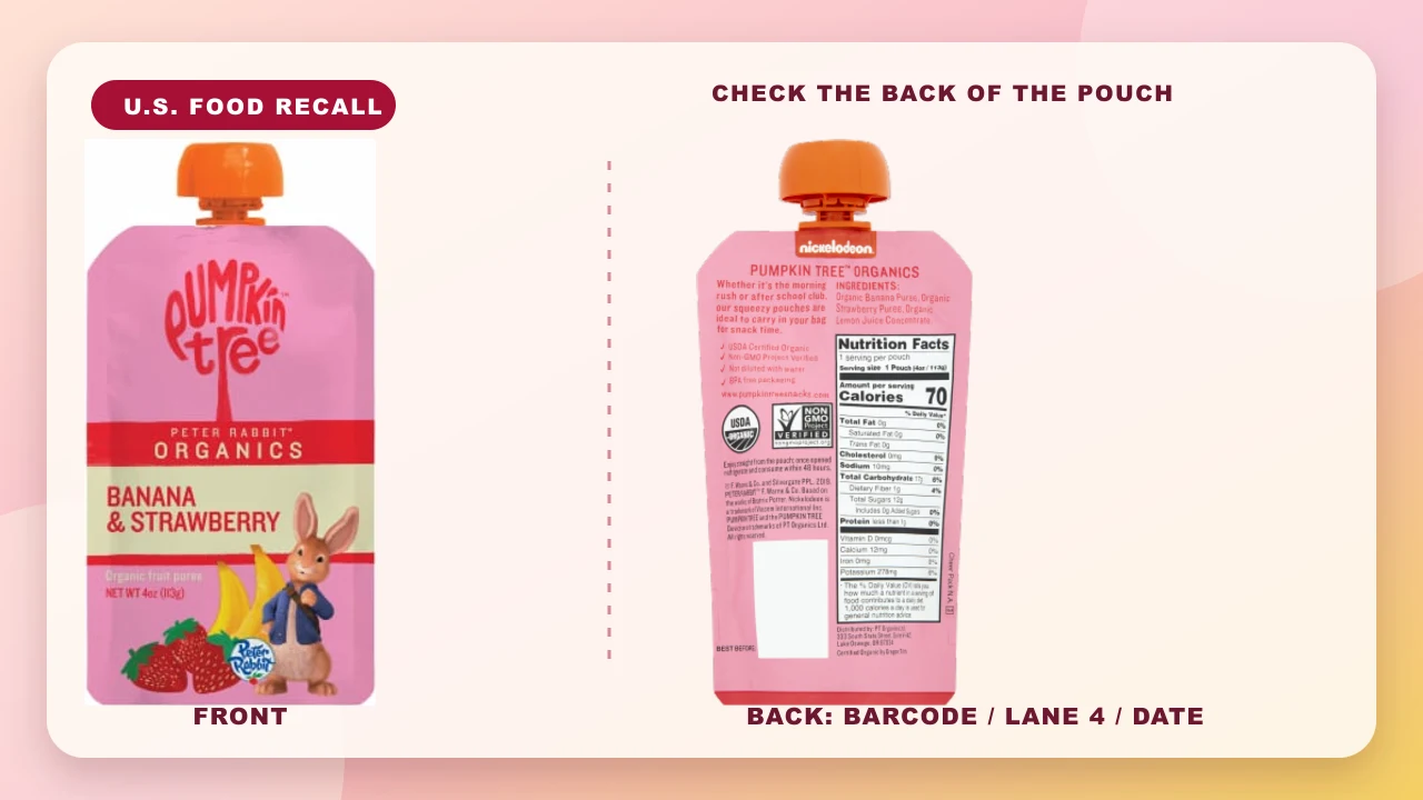 Front and back photographs of the recalled Pumpkin Tree Peter Rabbit Organics Banana and Strawberry fruit puree pouch