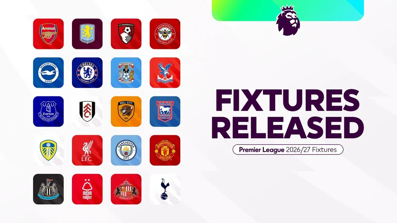 Official Premier League 2026/27 fixtures released graphic showing the badges of all 20 clubs