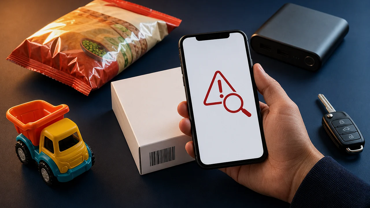 A person checking a barcode beside generic food, toy, power bank and car-key products using a phone with a warning and search symbol