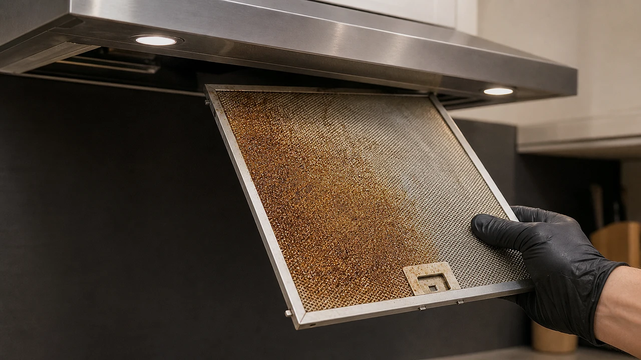 A gloved hand removing a visibly grease-loaded metal mesh filter from a domestic kitchen rangehood