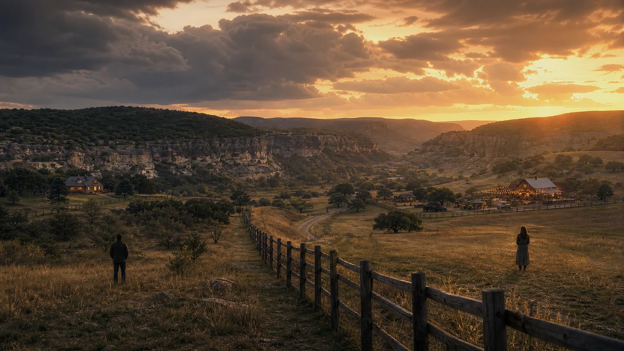 Original editorial illustration of two anonymous adults separated by a ranch fence in a fictional western valley after a storm
