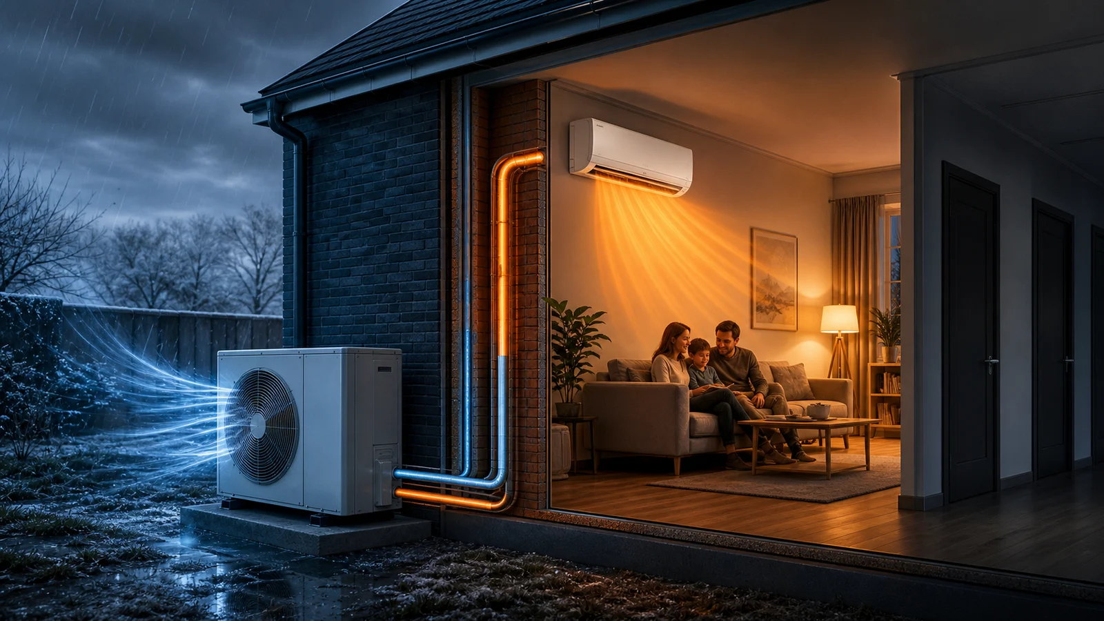 Editorial cutaway illustration showing a reverse-cycle heat pump moving heat into a home during winter