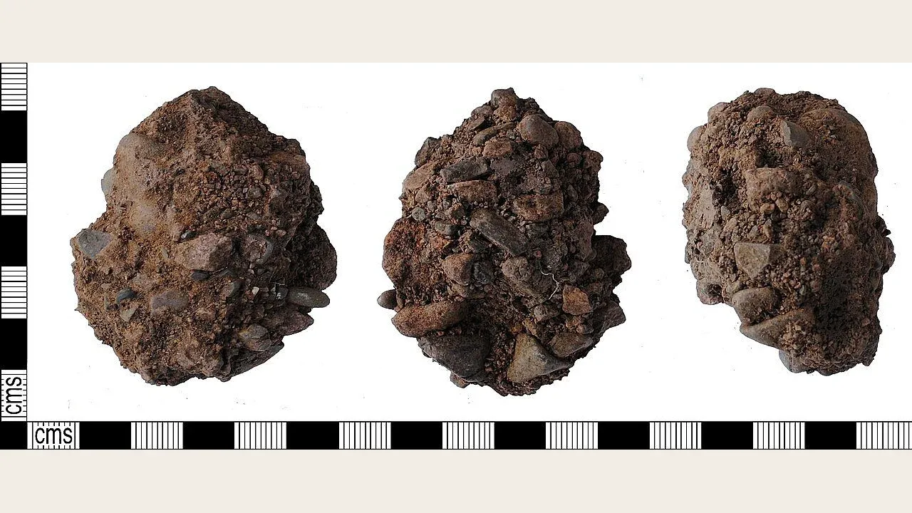 Three views of an ancient Roman opus caementicium fragment from a Roman road near Ravenglass Fort