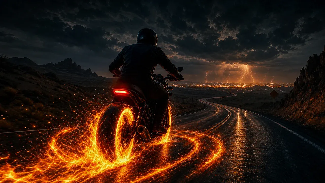 Original editorial illustration of an anonymous helmeted motorcyclist riding a wet desert road as orange fire circles the rear wheel