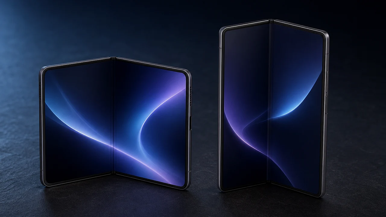 Independent editorial illustration comparing a shorter wide book-style foldable phone with a taller narrow book-style foldable phone