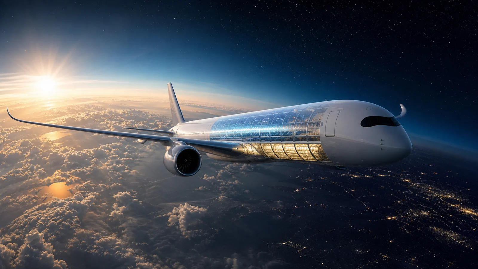 Editorial illustration of an ultra-long-range aircraft crossing from daylight into night with its additional fuel capacity visible