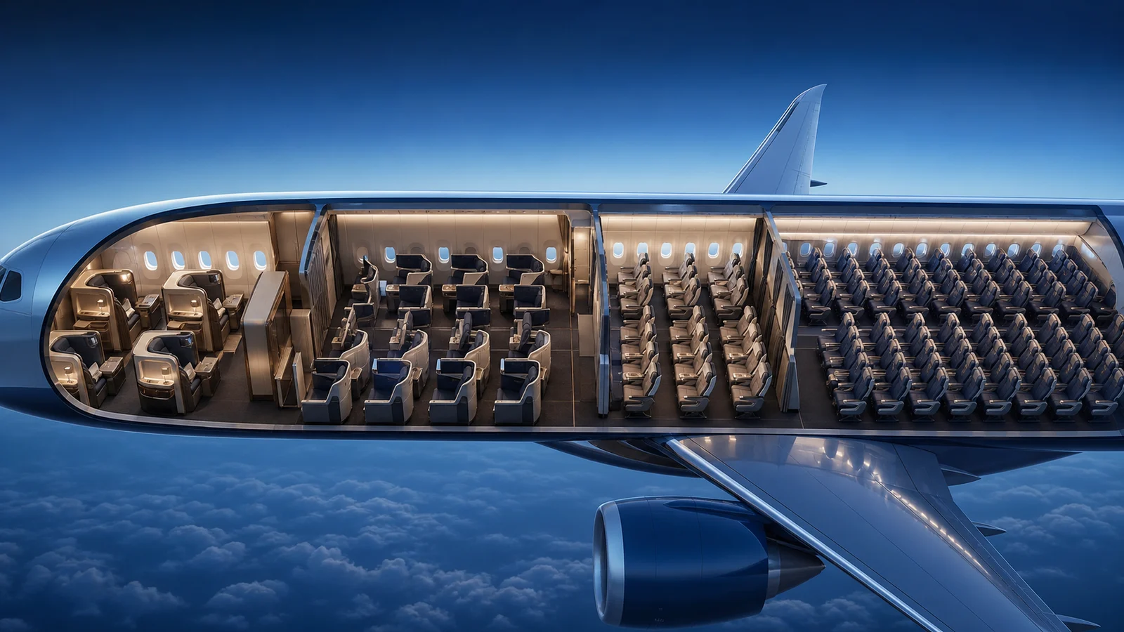 Editorial cutaway illustration showing four differently spaced cabin sections inside a low-density long-range aircraft