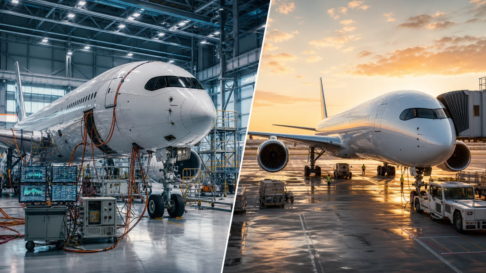 Editorial illustration comparing an instrumented flight-test aircraft with a completed passenger aircraft ready for delivery