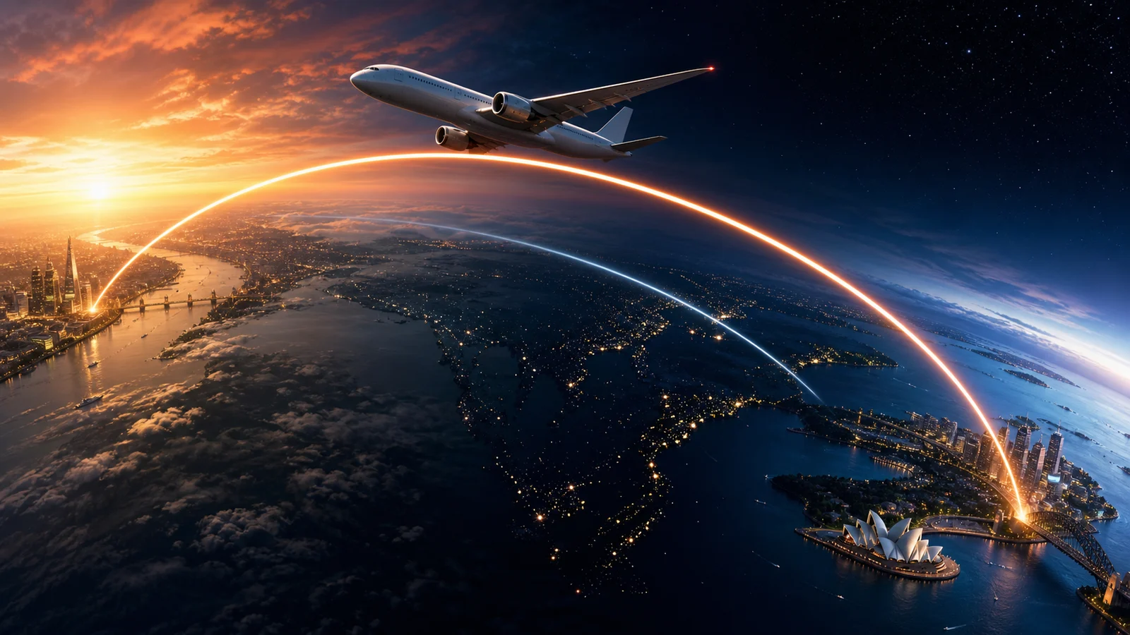 Editorial illustration of an exceptionally long aircraft route curving between Sydney and London across day and night