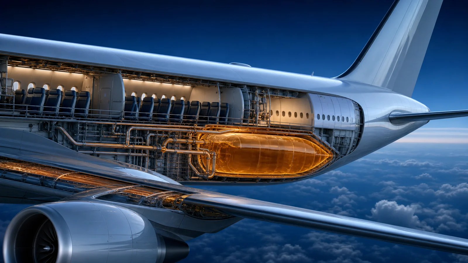 Editorial cutaway illustration showing an additional rear centre fuel tank and transfer pipes inside a widebody aircraft