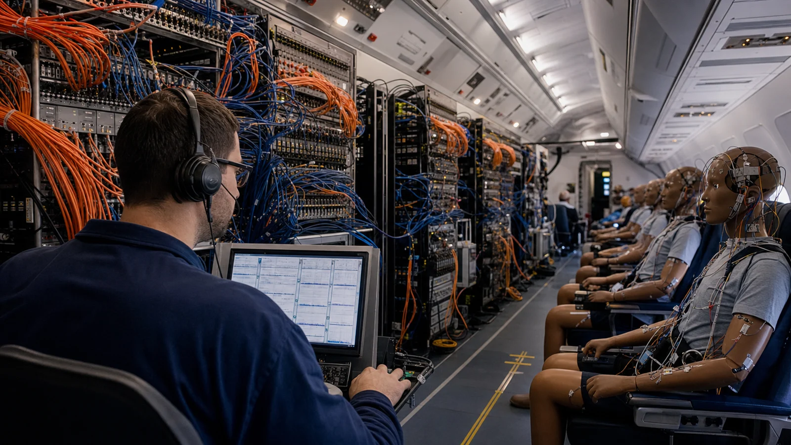Editorial illustration of an engineer, data racks, extensive sensor cables and instrumented dummies in a flight-test cabin