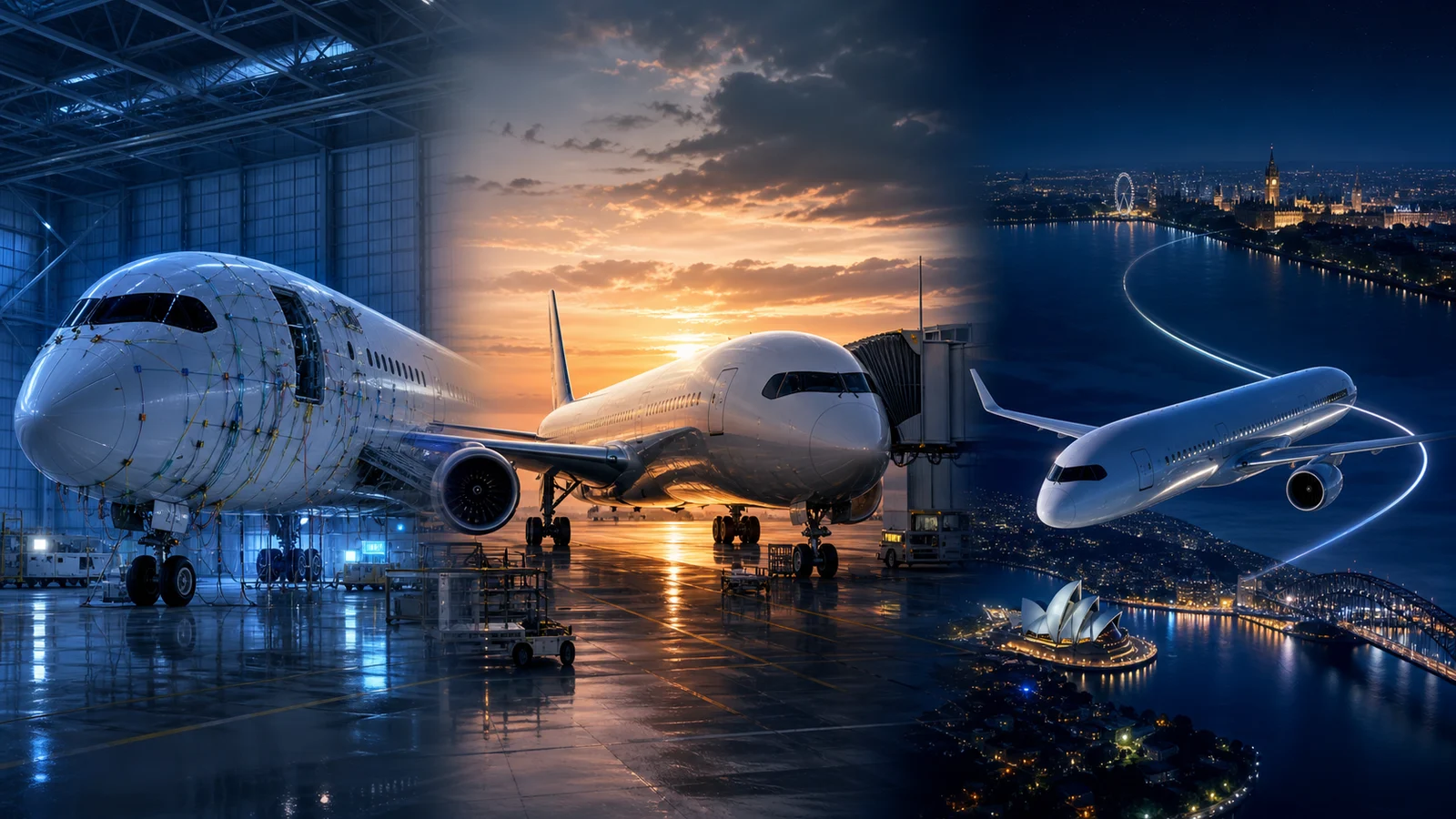Editorial illustration tracing an ultra-long-range aircraft from certification testing through delivery to a Sydney to London flight