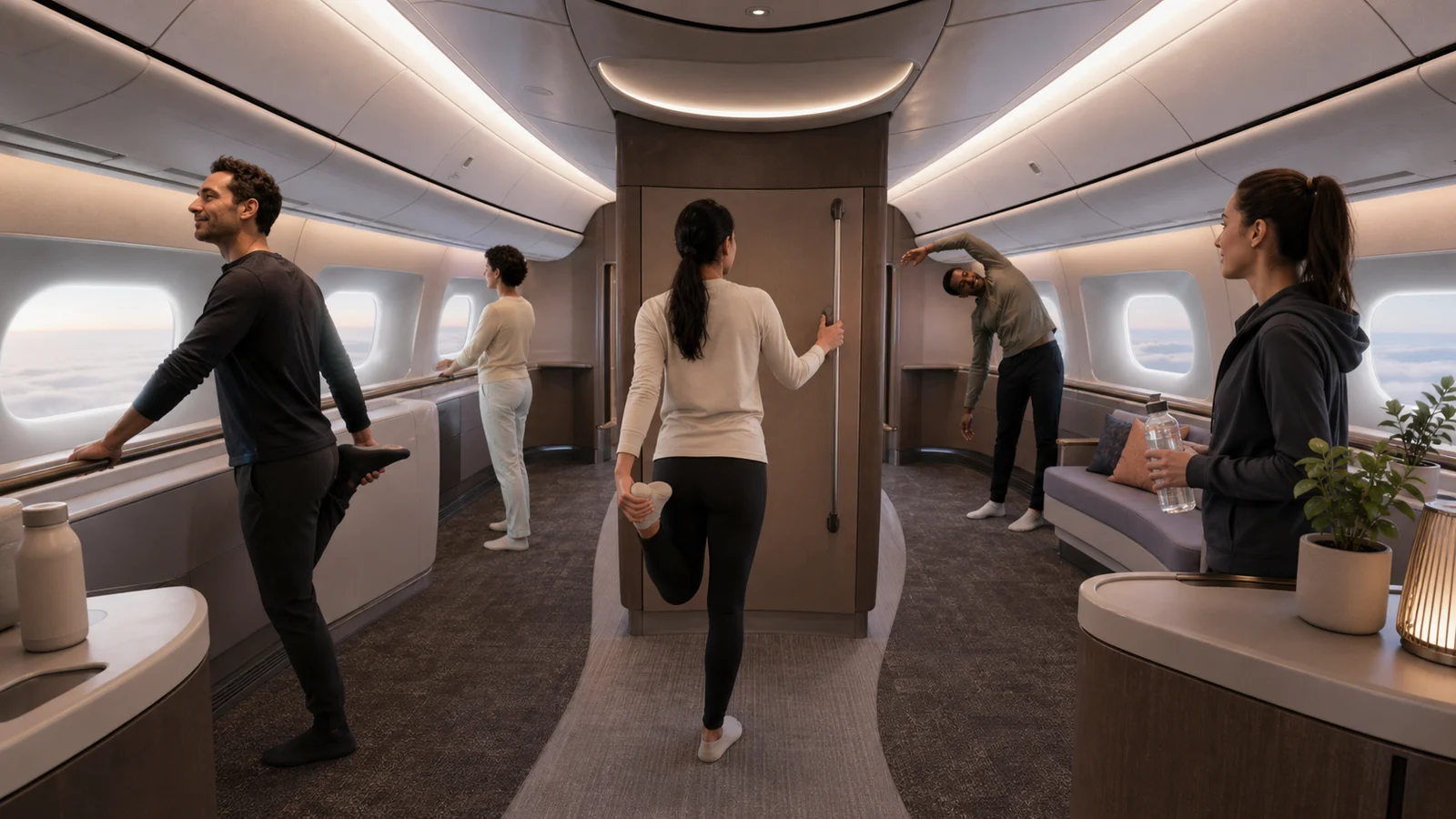 Editorial illustration of long-haul passengers stretching and drinking water in a shared aircraft wellbeing space