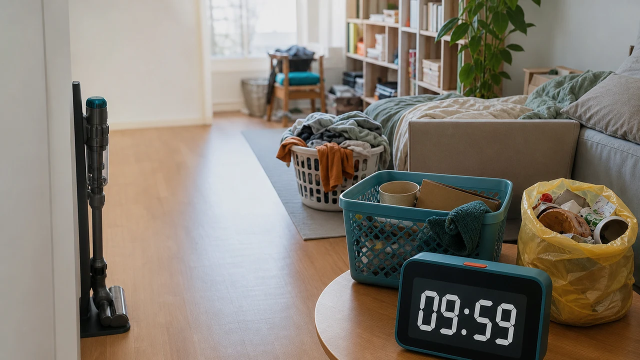 A digital timer showing 09:59 beside one relocation basket, one laundry basket and a cleared walking path in a lived-in room