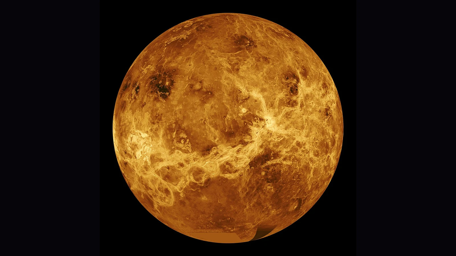 A computer-simulated global radar view of the surface of Venus