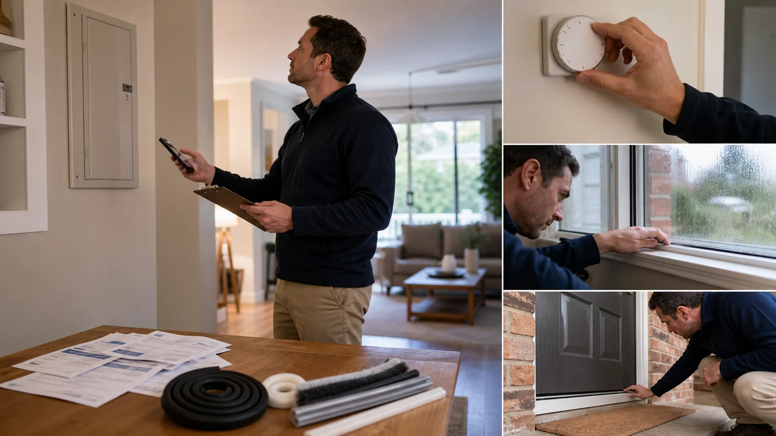 Editorial illustration of a homeowner recording safe, visible energy and comfort checks around the house
