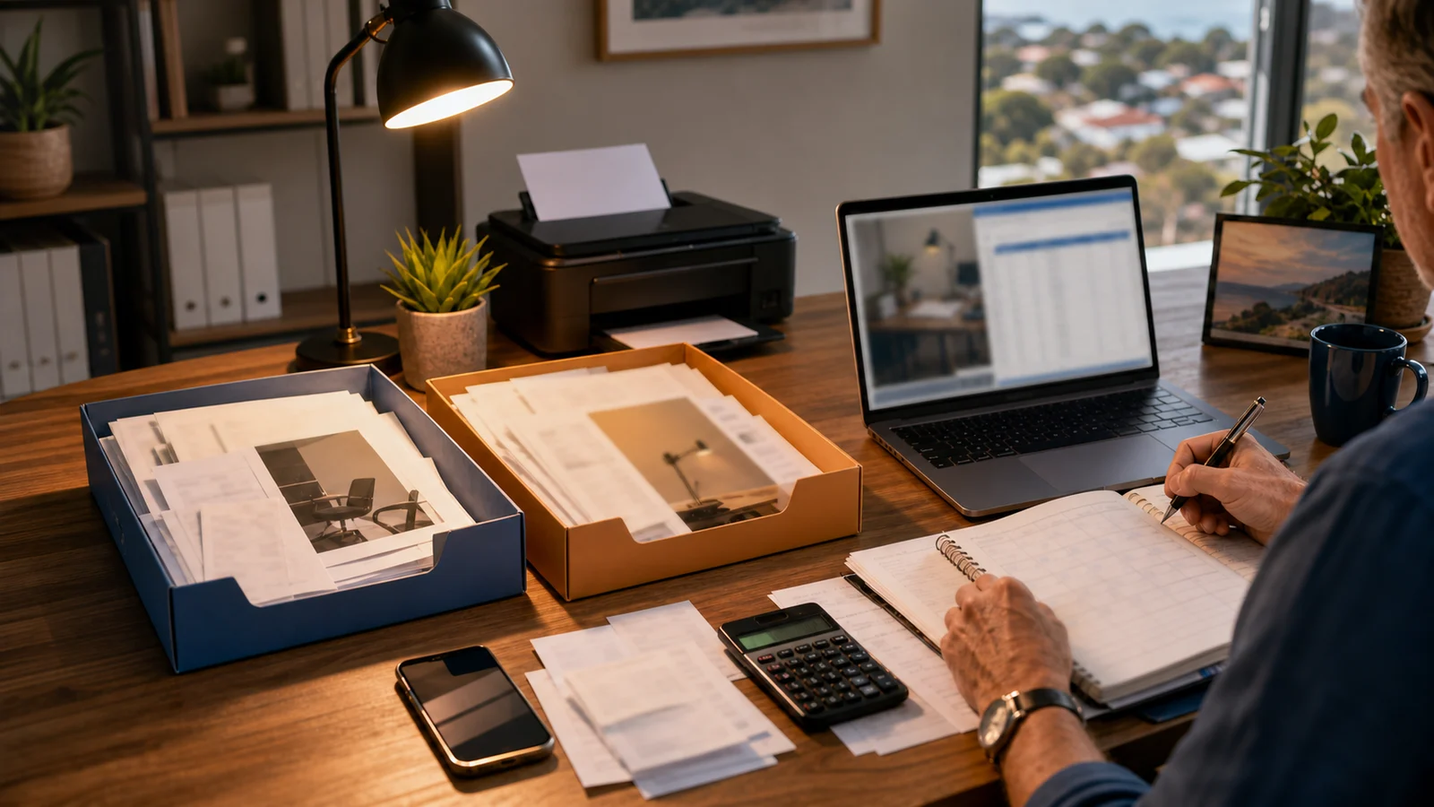 Editorial illustration of an Australian employee organising work-hour records and household expense documents