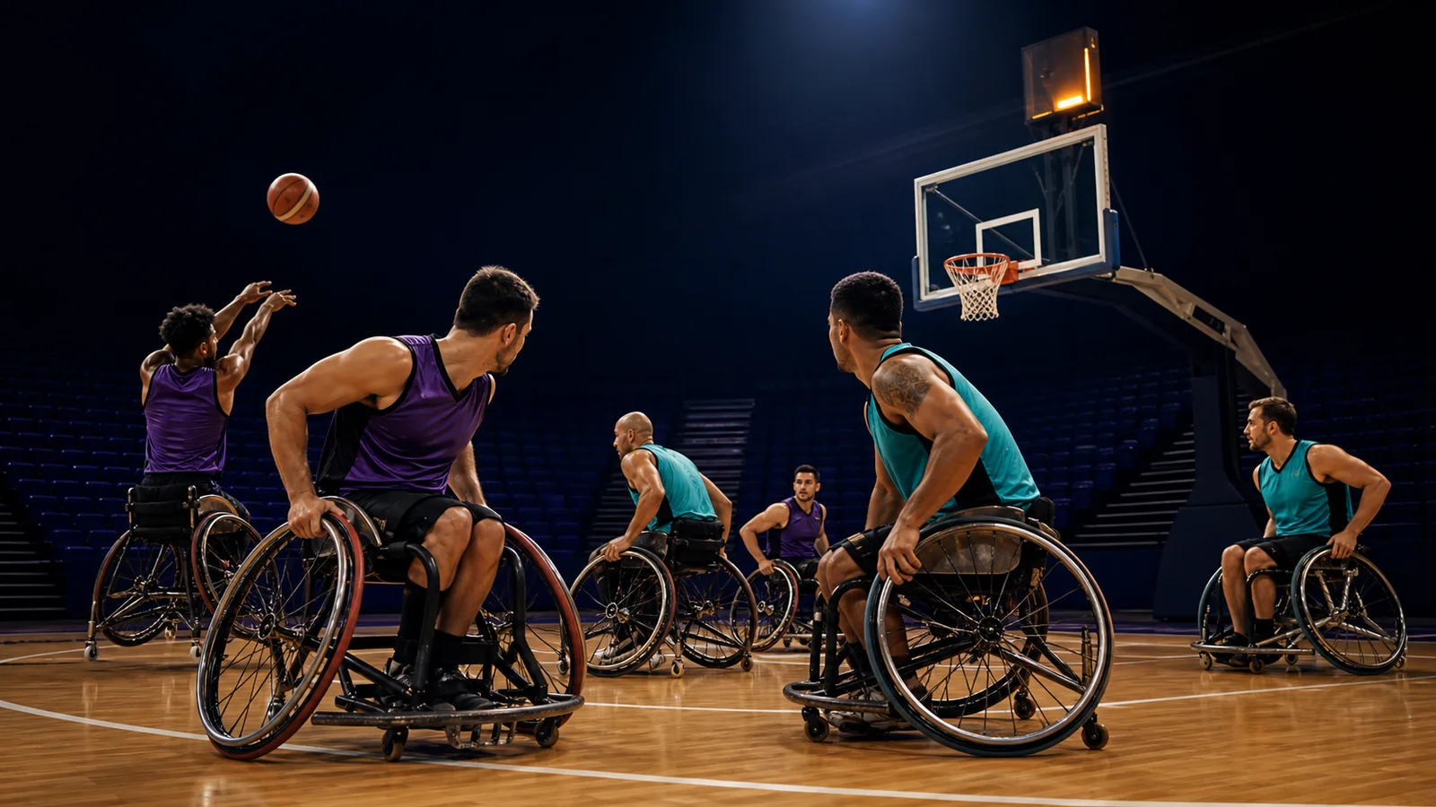Editorial illustration of two three-player wheelchair basketball teams competing on a half-court