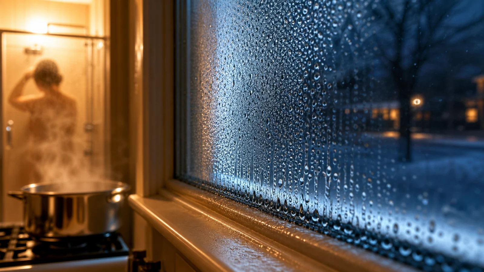 Editorial illustration of condensation forming on the cold interior surface of a household window