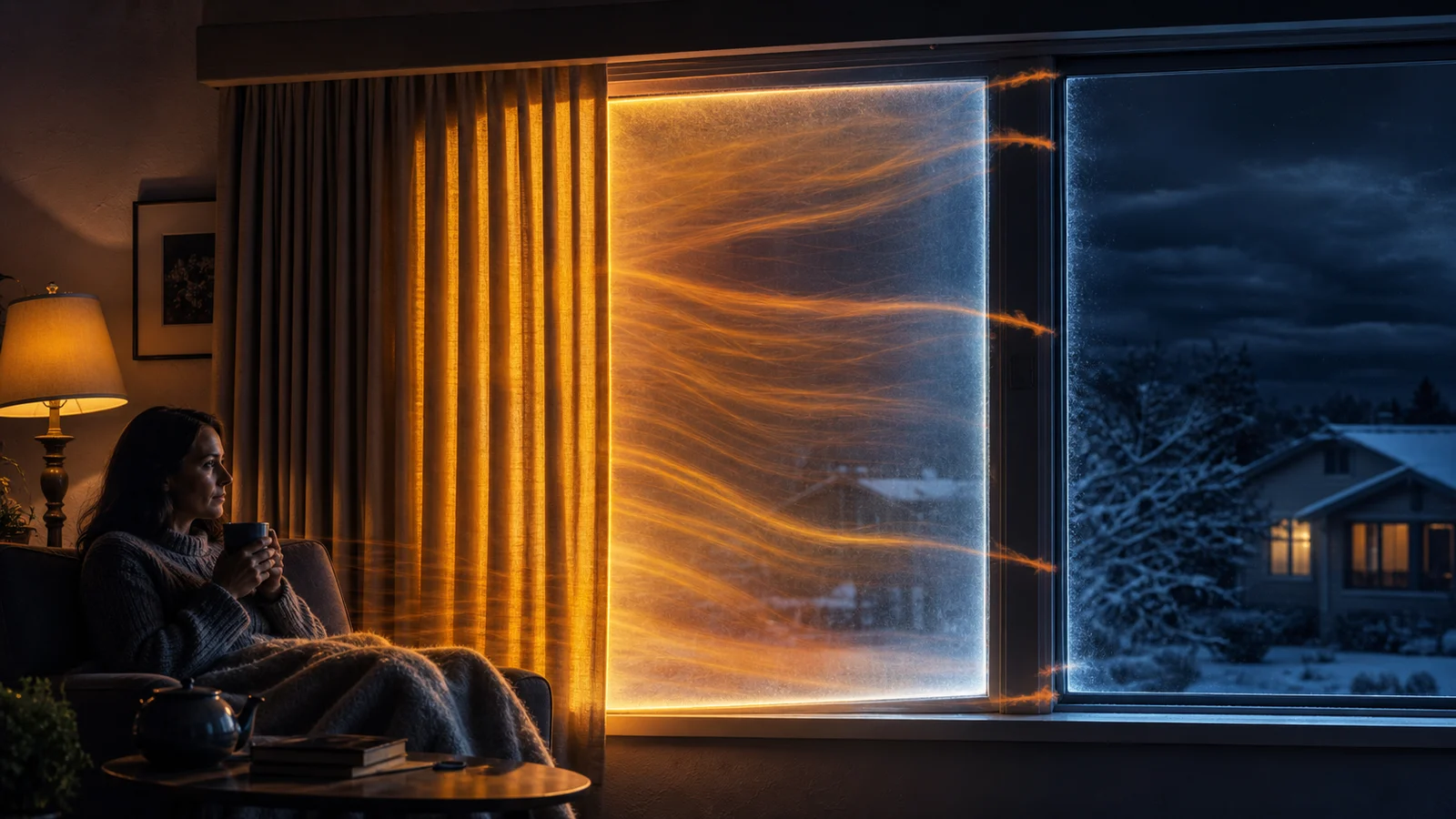 Editorial illustration showing warmth escaping through the windows of an Australian home on a cold evening