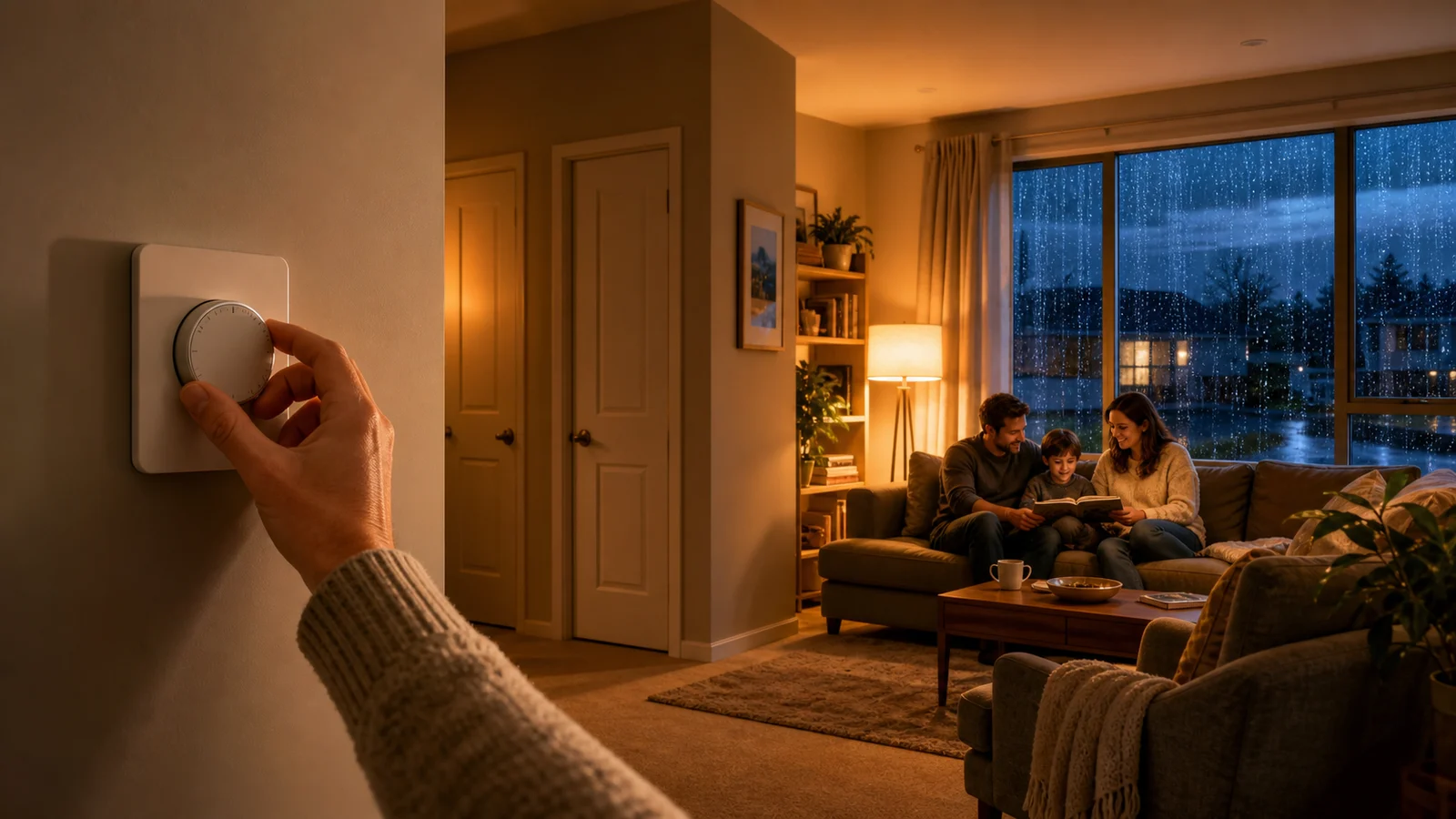Editorial illustration of a household thermostat set within the recommended Australian winter heating range