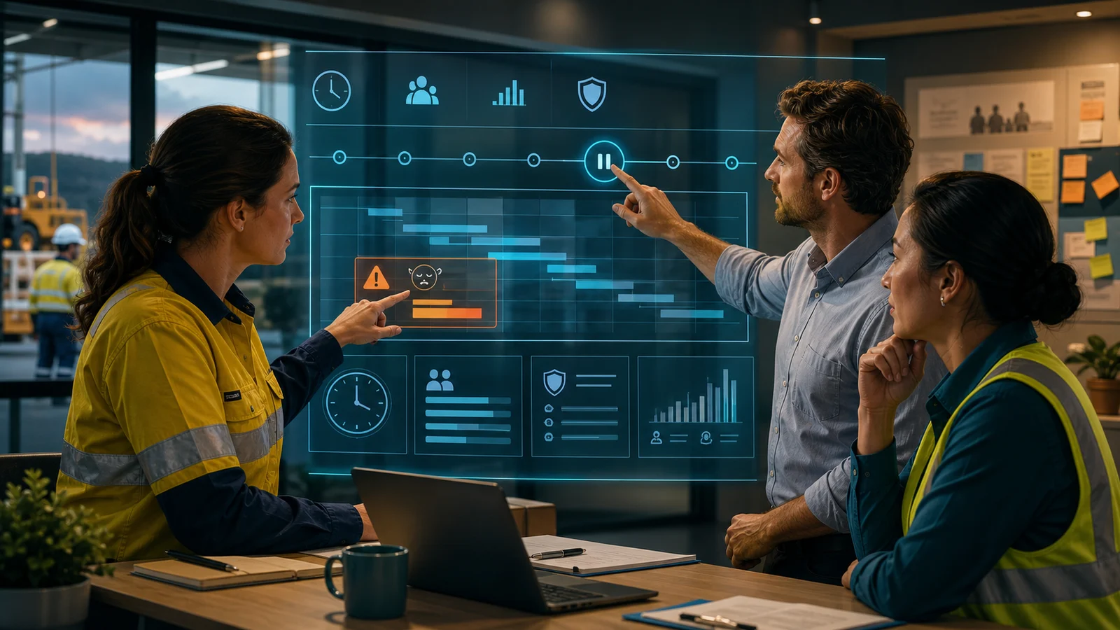 Editorial illustration of Australian workers consulting over workload, fatigue and human oversight settings in an AI system