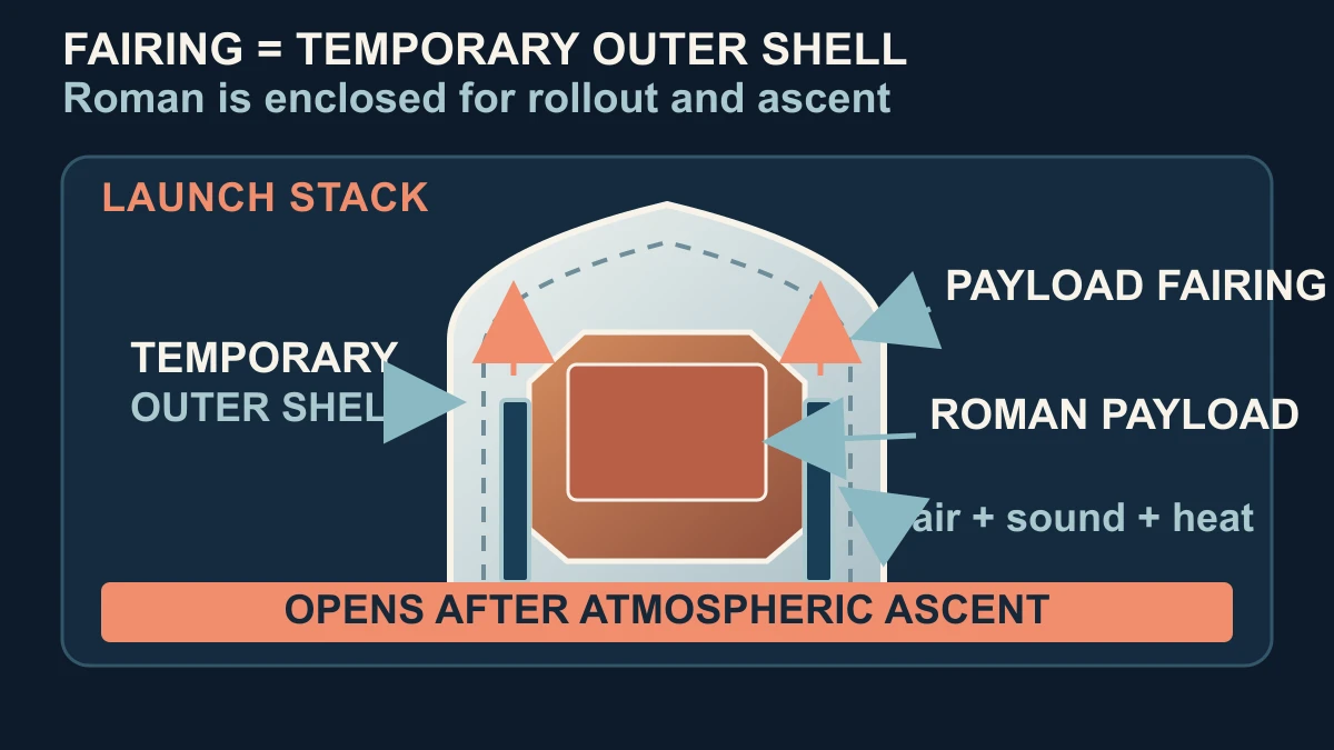 Original diagram showing the Roman payload inside a temporary outer fairing shell during rollout and ascent, with the shell opening after atmospheric ascent