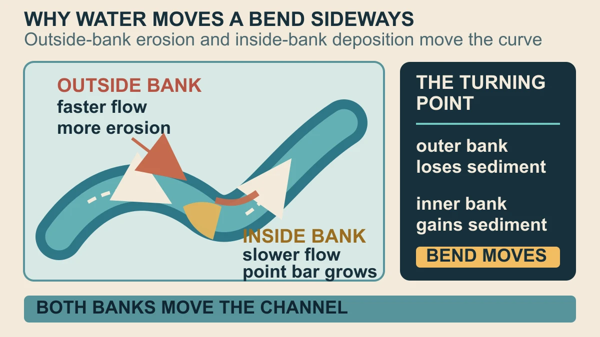 Original diagram showing faster flow and erosion on a meander's outside bank and slower flow with point-bar deposition on its inside bank
