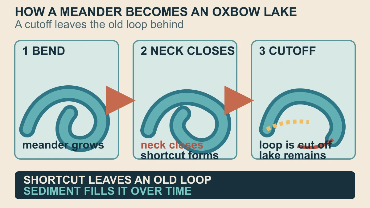 Original three-stage diagram showing a meander growing, its neck narrowing and a cutoff leaving an abandoned oxbow loop