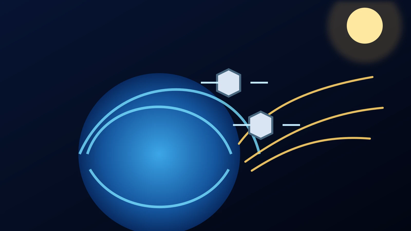 Original conceptual scientific illustration of two TRACERS spacecraft above Earth’s polar magnetic environment, with field lines and incoming solar wind