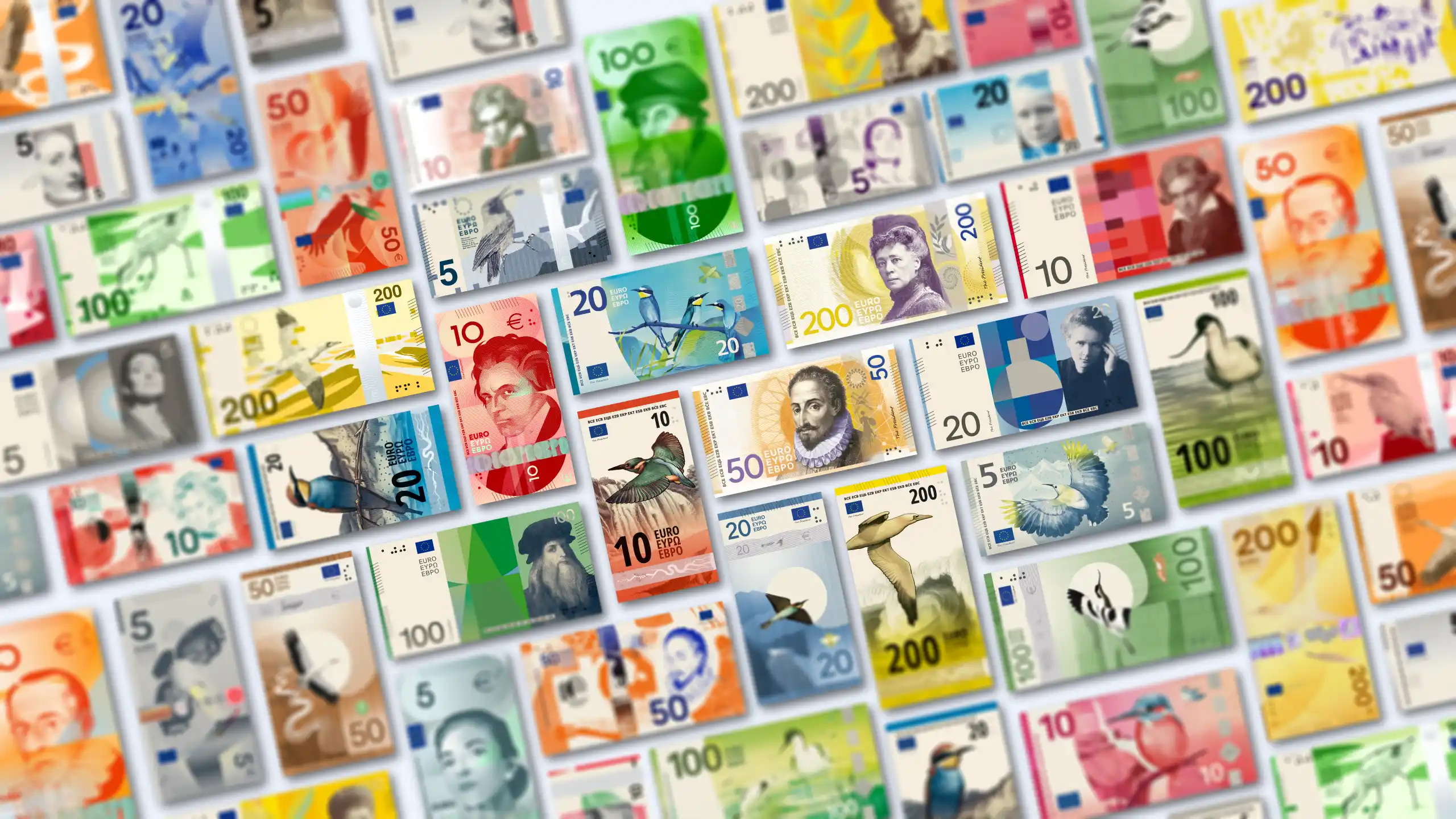 Official ECB montage of ten proposed future euro banknote series featuring portraits, birds, rivers and European institutions