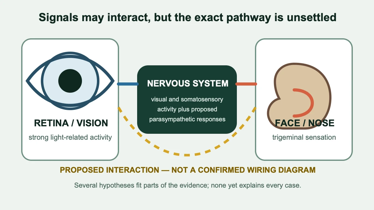 Diagram separating retinal and facial sensory signals with a dotted proposed interaction marked as unconfirmed
