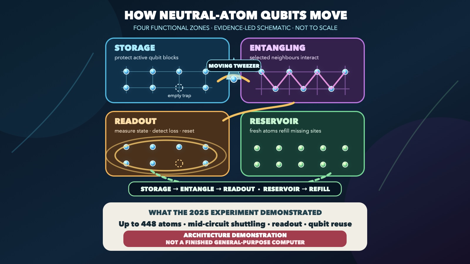 Original diagram of glowing atomic qubits moving in laser tweezers between storage, entangling, readout and reservoir zones inside a neutral-atom processor
