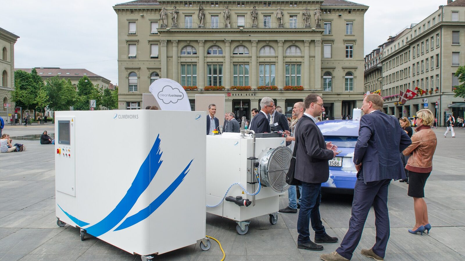 A 2015 Climeworks direct-air-capture demonstration unit operating in a public square in Bern, Switzerland