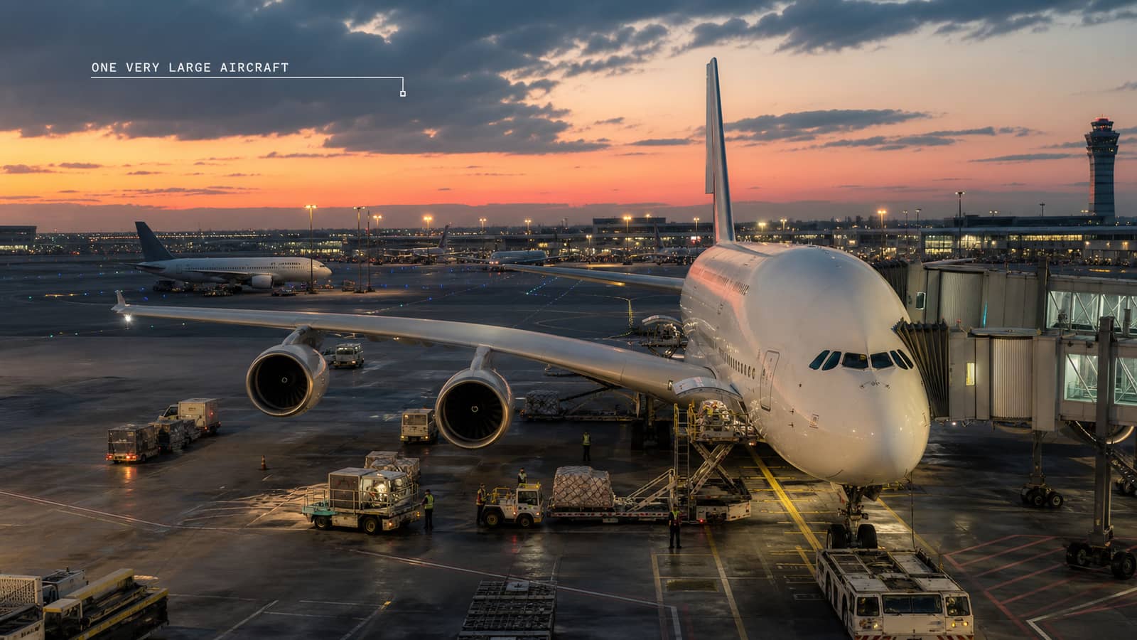 Editorial reconstruction of an unbranded A380 at a major international gate with smaller wide-body aircraft behind it for scale