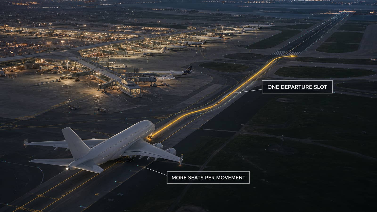 AI-assisted aerial airport illustration showing one unbranded A380 using a highlighted departure sequence at a constrained hub