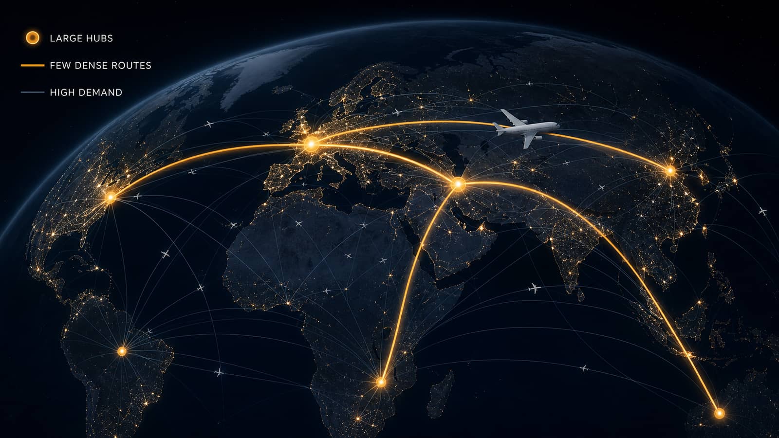 AI-assisted night-world network illustration contrasting a few dense routes between large hubs with many thinner routes