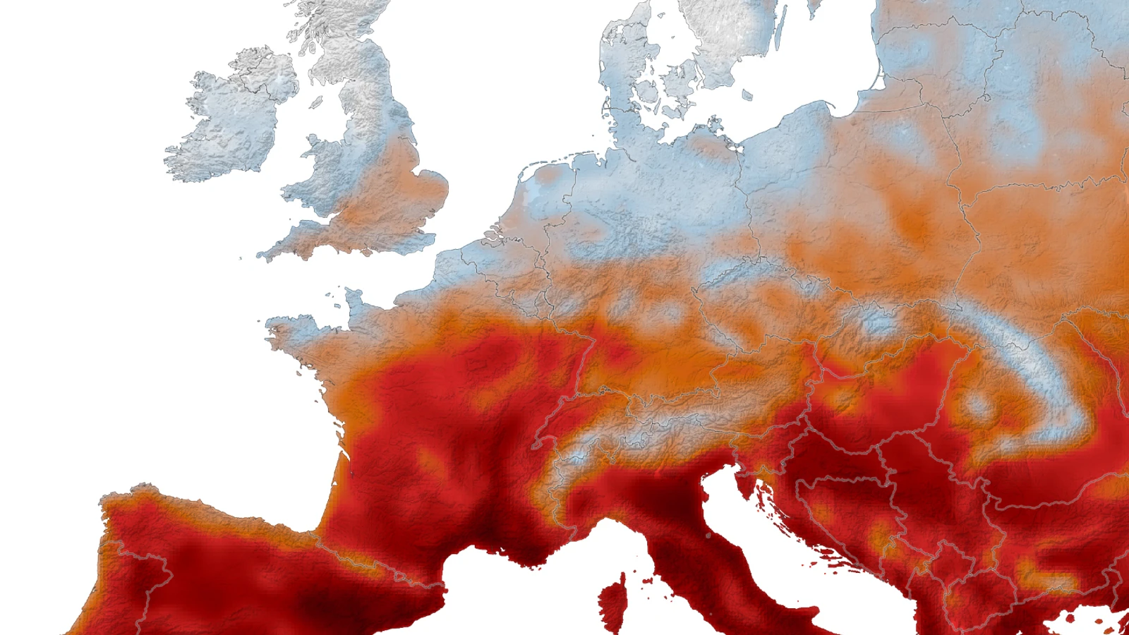 NASA GEOS-FP map showing daily maximum surface-air temperature across Western Europe from May 1 to August 19, 2026, with dark red areas at or above 40 degrees Celsius