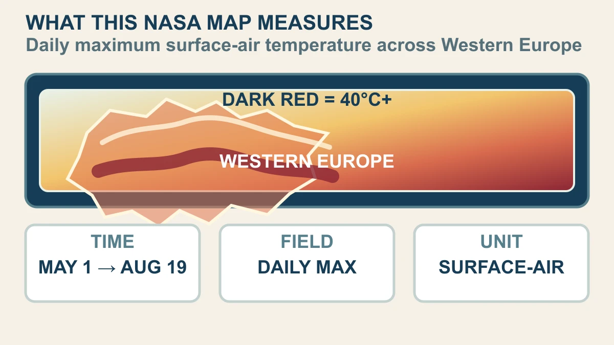Original explanatory diagram separating the NASA map's Western Europe date range, daily maximum field, surface-air unit and dark-red 40 degree Celsius threshold