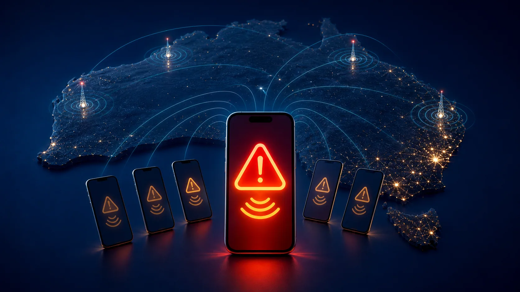 Original illustration of an emergency cell broadcast travelling from mobile towers across Australia to nearby smartphones