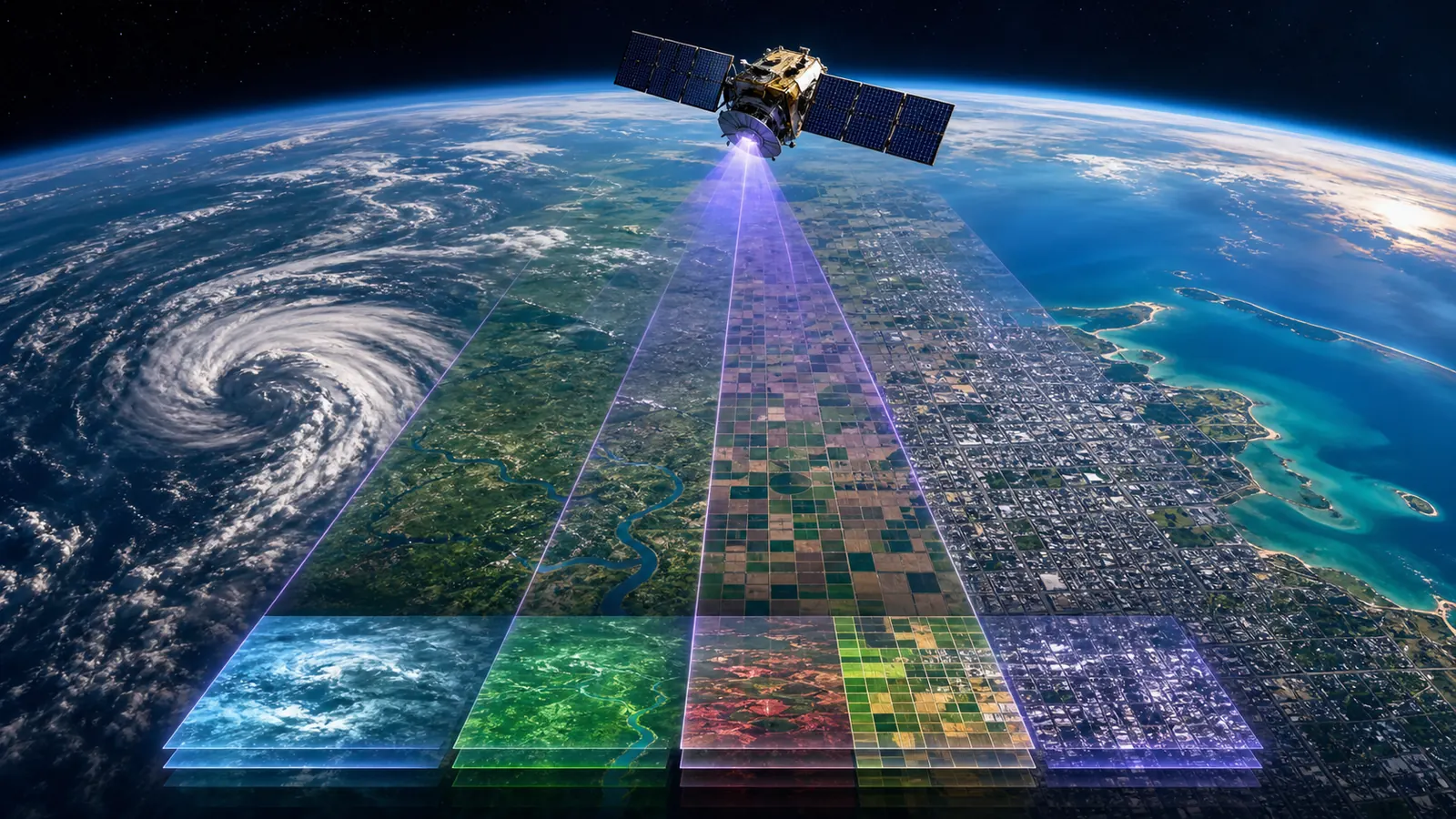 Original editorial illustration of an Earth-observation satellite viewing weather, farmland and city pixels at different scales